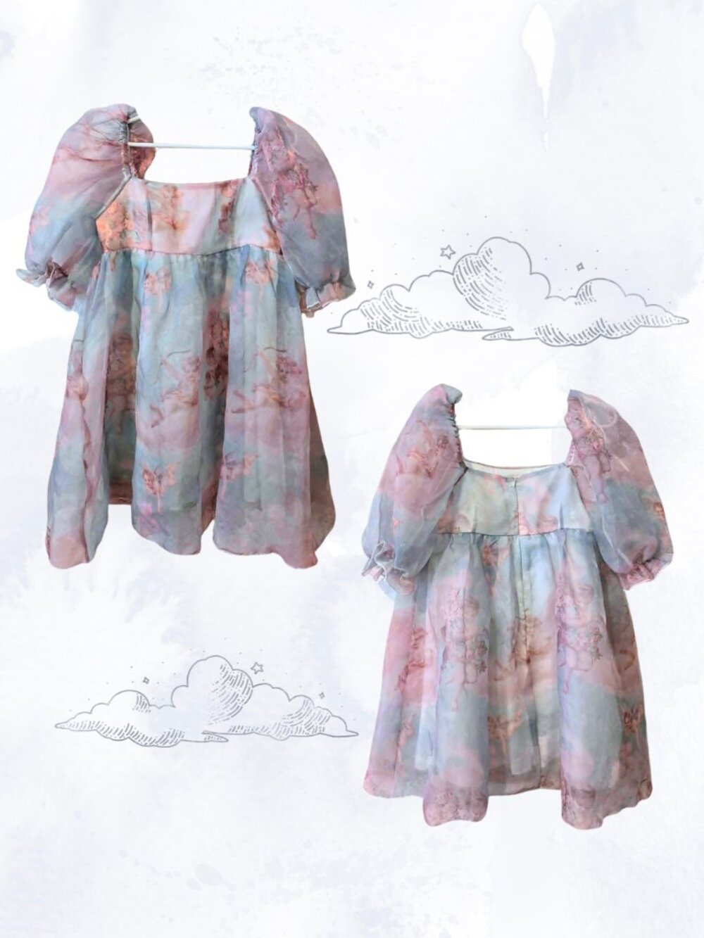 Pastel Cherub Organza Puff Sleeve Babydoll Mini Dress Fairycore Coquette